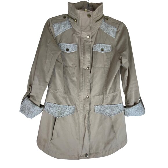 Guess Small Beige Trench Coat Tweed Trim Utilitarian Safari Jacket Casual Y2K - Picture 1 of 8